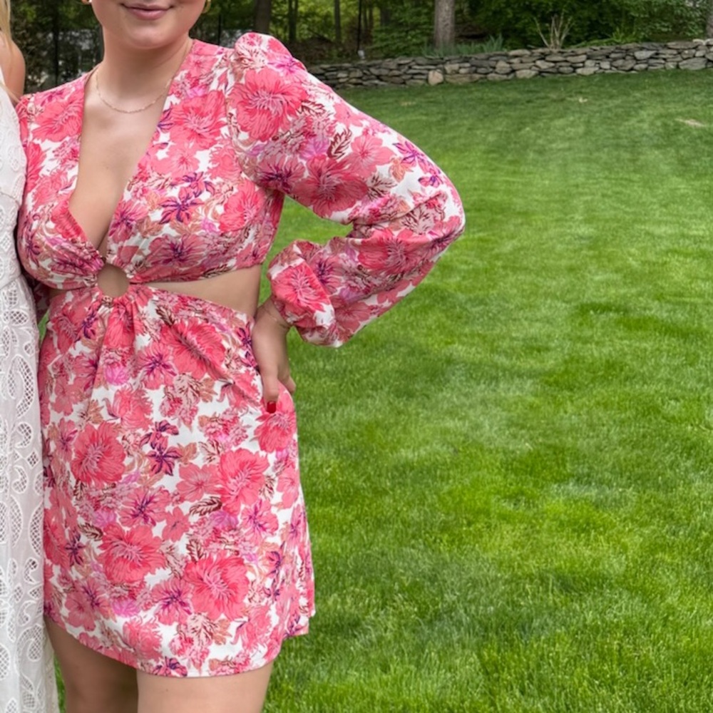 Floral Pink Long Sleeve Mini Dress with Cutout Details - Picture 4 of 6